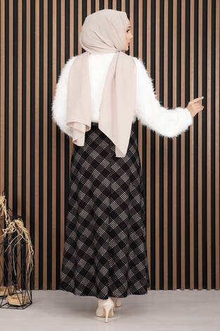 Klasik Ekose Desen Scuba Etek Siyah - Thumbnail