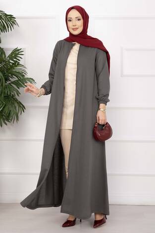 Klasik Fermuarlı Ferace Füme - Thumbnail