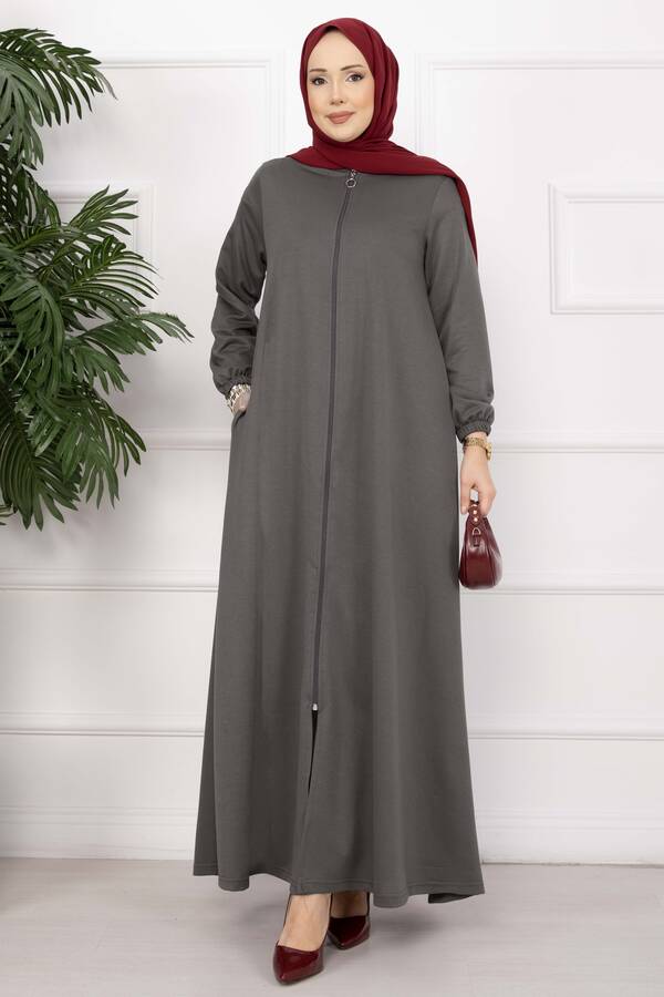 Tkm - Klasik Fermuarlı Ferace Füme