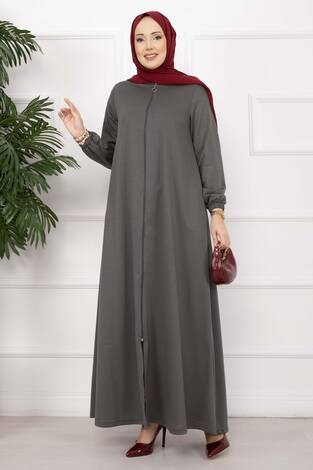 Klasik Fermuarlı Ferace Füme - Thumbnail