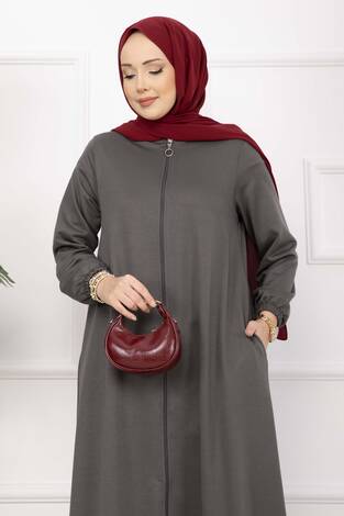 Klasik Fermuarlı Ferace Füme - Thumbnail