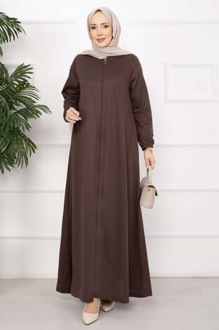 Klasik Fermuarlı Ferace Kahve - Thumbnail