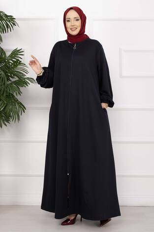 Klasik Fermuarlı Ferace Lacivert - Thumbnail