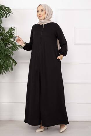 Klasik Fermuarlı Ferace Siyah - Thumbnail