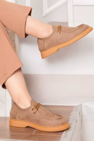 Klasik Mokasen Tarz Bağcıklı Ayakkabı Vizon - Thumbnail