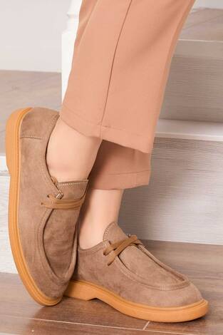 Klasik Mokasen Tarz Bağcıklı Ayakkabı Vizon - Thumbnail