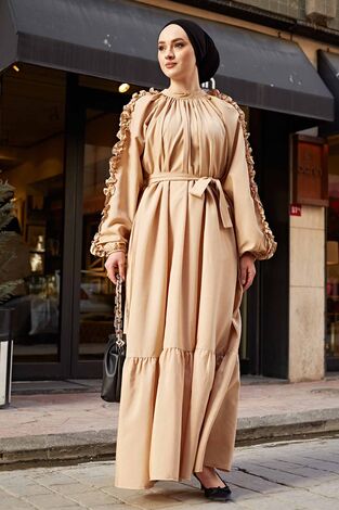 Kol Fırfrılı Poplin Elbise 530GK-3152 Camel - Thumbnail