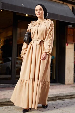 Kol Fırfrılı Poplin Elbise 530GK-3152 Camel - Thumbnail