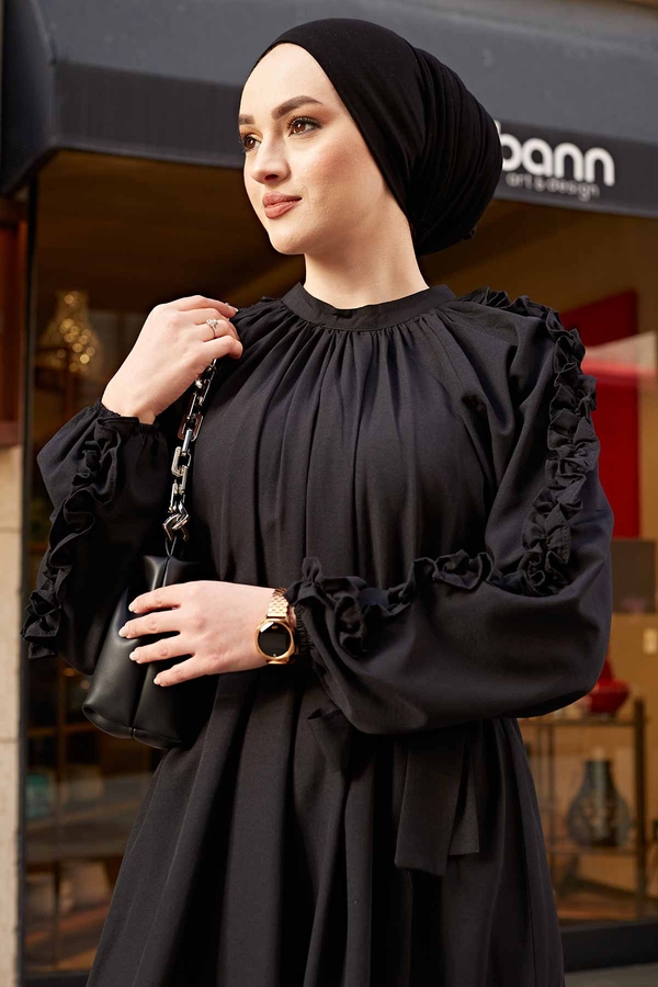 Kol Fırfrılı Poplin Elbise 530GK-3152 Siyah