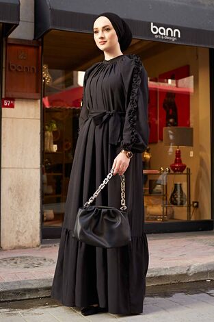 Kol Fırfrılı Poplin Elbise 530GK-3152 Siyah - Thumbnail