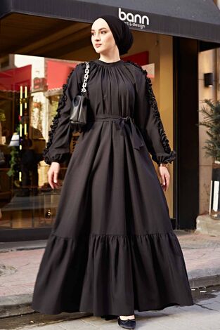 Kol Fırfrılı Poplin Elbise 530GK-3152 Siyah - Thumbnail