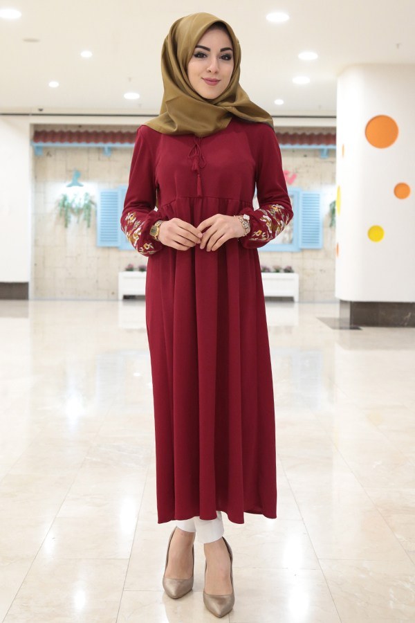 Kol Ucu Nakışlı Robalı Tunik Elbise 1456-1 Kırmızı