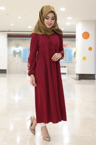 Kol Ucu Nakışlı Robalı Tunik Elbise 1456-1 Kırmızı - Thumbnail