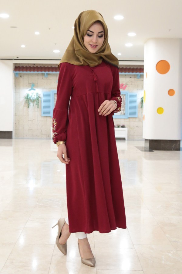 Kol Ucu Nakışlı Robalı Tunik Elbise 1456-1 Kırmızı