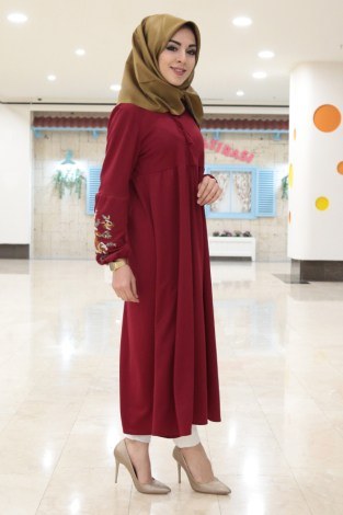 Kol Ucu Nakışlı Robalı Tunik Elbise 1456-1 Kırmızı - Thumbnail
