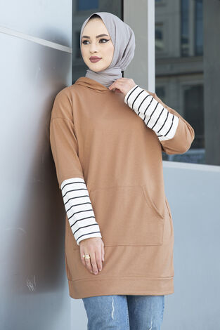 Kolları Çizgili Tesettür Spor Tunik Camel - Thumbnail
