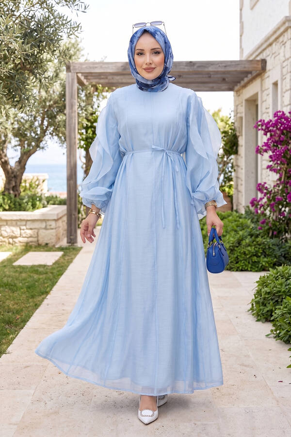 Lab - Kolları Fırfırlı Kuşaklı Tesettür Elbise Bebe Mavisi