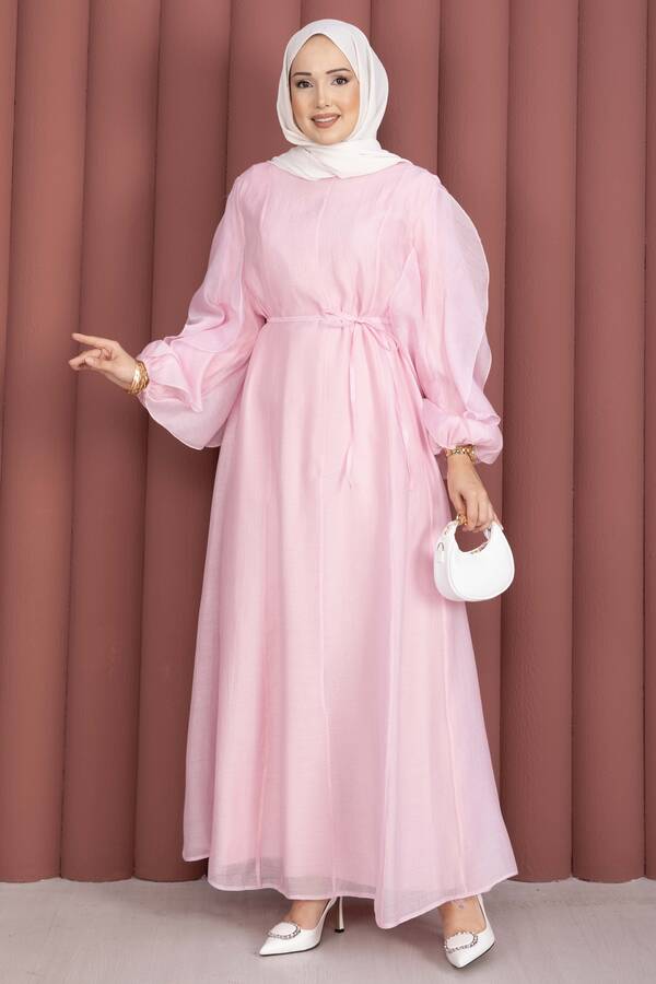 Kolları Fırfırlı Kuşaklı Tesettür Elbise Pembe - 3