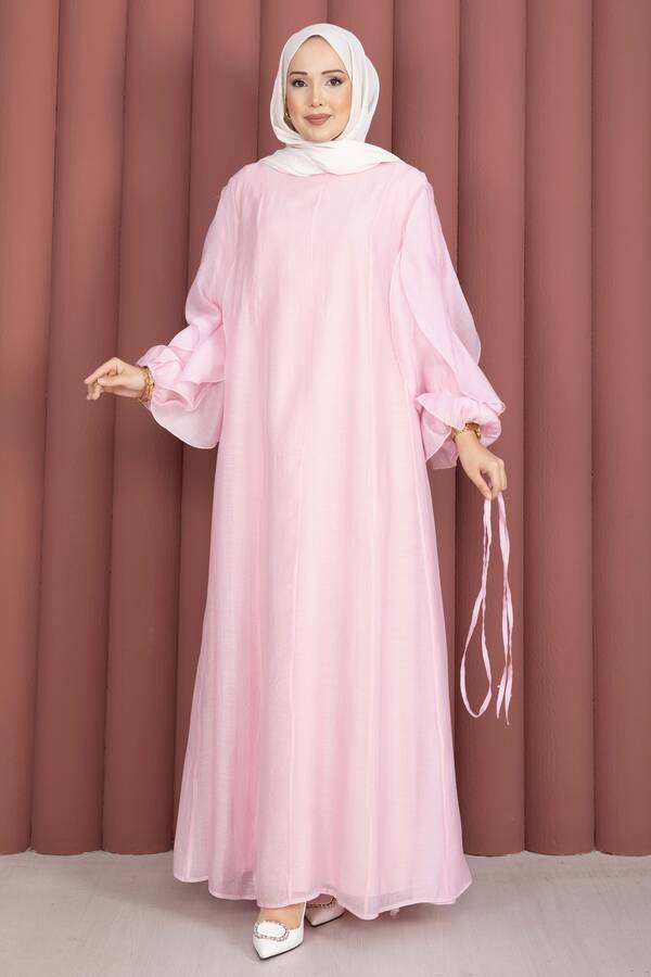 Kolları Fırfırlı Kuşaklı Tesettür Elbise Pembe - 4