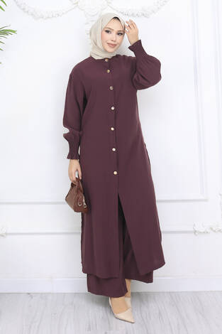 Kolları Gipeli Düğmeli Tunik Takım Bordo