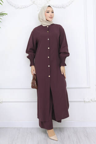 Kolları Gipeli Düğmeli Tunik Takım Bordo - Thumbnail