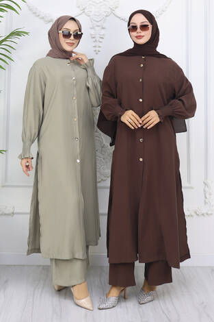 Kolları Gipeli Düğmeli Tunik Takım Yağ Yeşil - Thumbnail