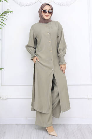 Kolları Gipeli Düğmeli Tunik Takım Yağ Yeşil - Thumbnail