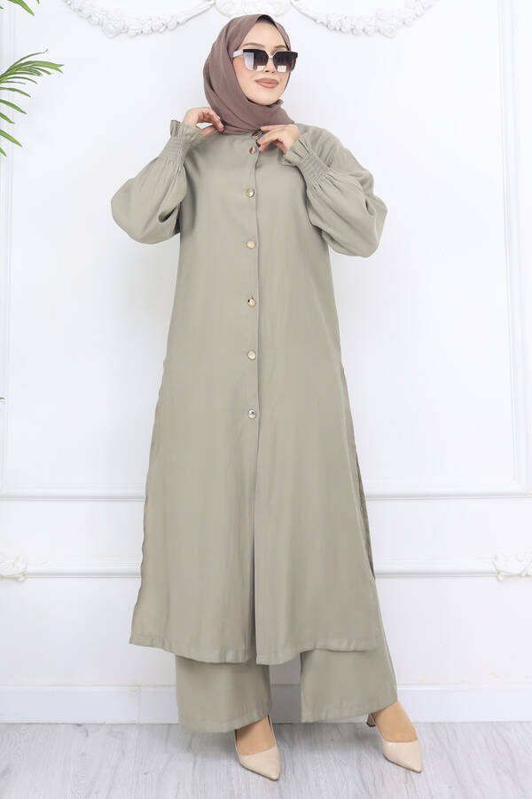 Hl - Kolları Gipeli Düğmeli Tunik Takım Yağ Yeşil