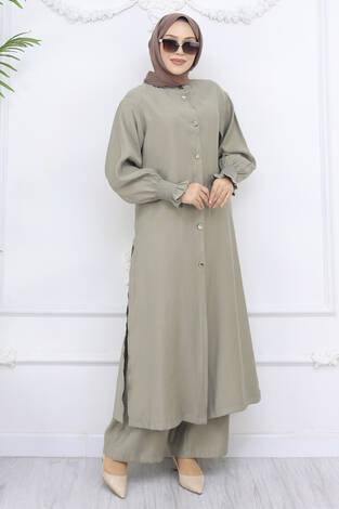 Kolları Gipeli Düğmeli Tunik Takım Yağ Yeşil - Thumbnail