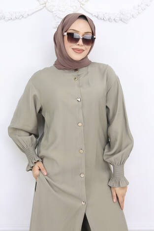 Kolları Gipeli Düğmeli Tunik Takım Yağ Yeşil - Thumbnail