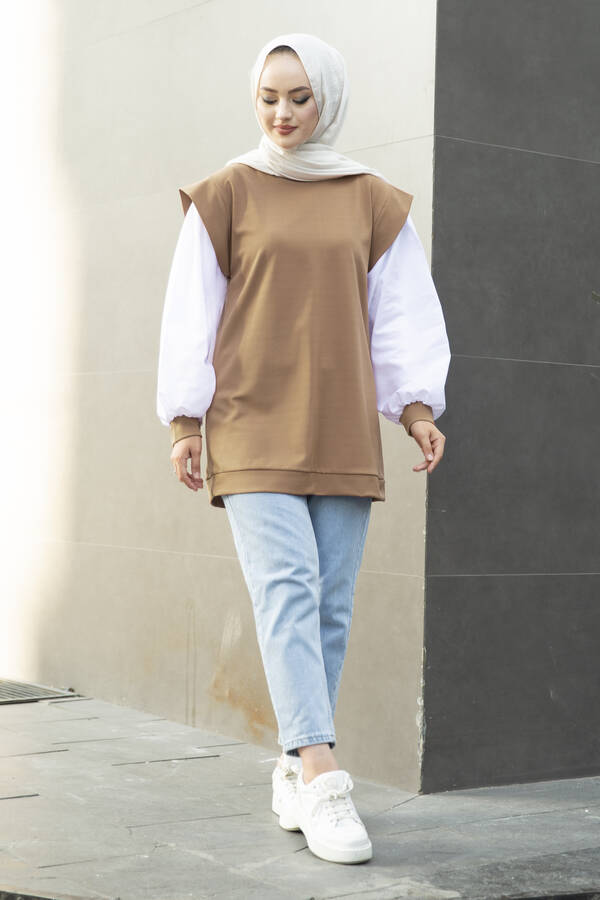 Th - Kolları Gömlek Detaylı Sweat Bej