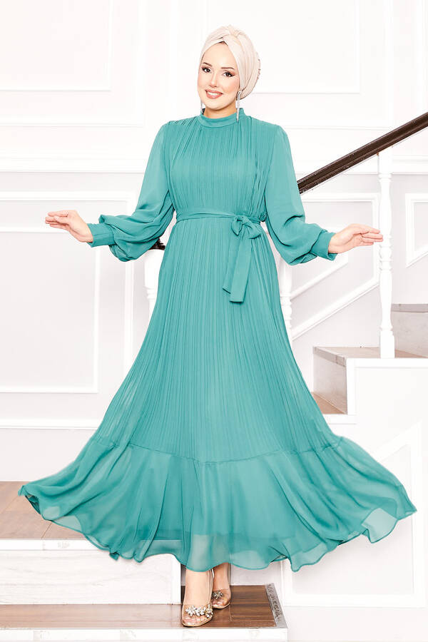 Kolları Organze Tesettür Elbise Çağla Yeşili Kolları Organze Tesettür Elbise Çağla Yeşili