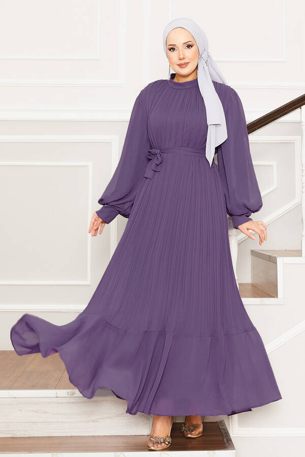 Kolları Organze Tesettür Elbise Lila Kolları Organze Tesettür Elbise Lila