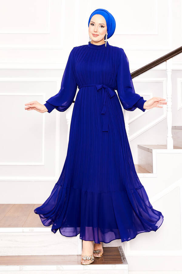 Kolları Organze Tesettür Elbise Saks Kolları Organze Tesettür Elbise Saks
