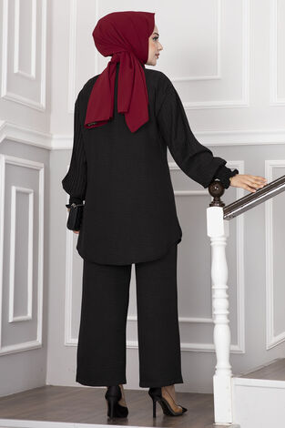 Kolları Piliseli Tesettür İkili Takım Siyah - Thumbnail