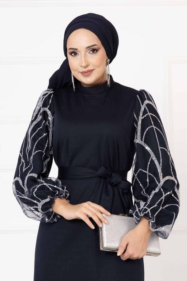Ed - Kolları Pul Payet Krep Elbise Lacivert (1)