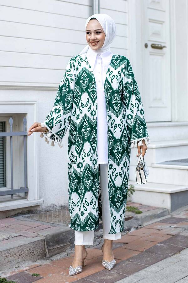 Kolları Püskül Detaylı Tesettür Kimono Yeşil Kolları Püskül Detaylı Tesettür Kimono Yeşil