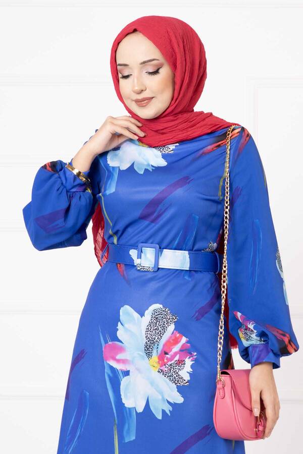 Frh - Kolları Şifon Çiçek Desenli Tesettür Elbise Saks (1)