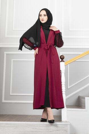 Kolları Tül Puantiye Tesettür Abaya Bordo - Thumbnail