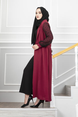 Kolları Tül Puantiye Tesettür Abaya Bordo - Thumbnail