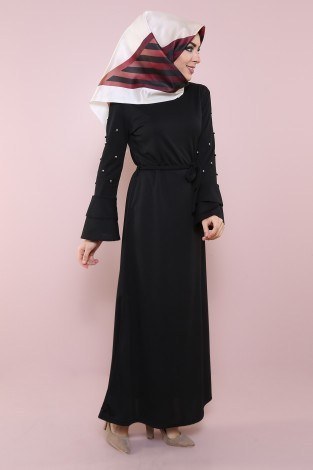 Kolları Volanlı Boncuk İşlemeli Elbise 8470-2-siyah - Thumbnail