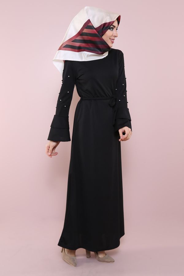Kolları Volanlı Boncuk İşlemeli Elbise 8470-2-siyah
