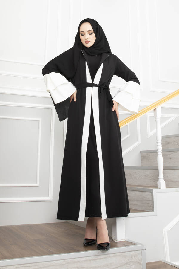 E - Kolları Volanlı Tesettür Abaya Beyaz