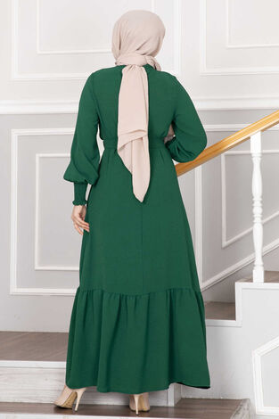 Kolu Büzgülü Tesettür Elbise Çağla Yeşili - Thumbnail