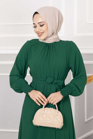 Kolu Büzgülü Tesettür Elbise Çağla Yeşili - Thumbnail