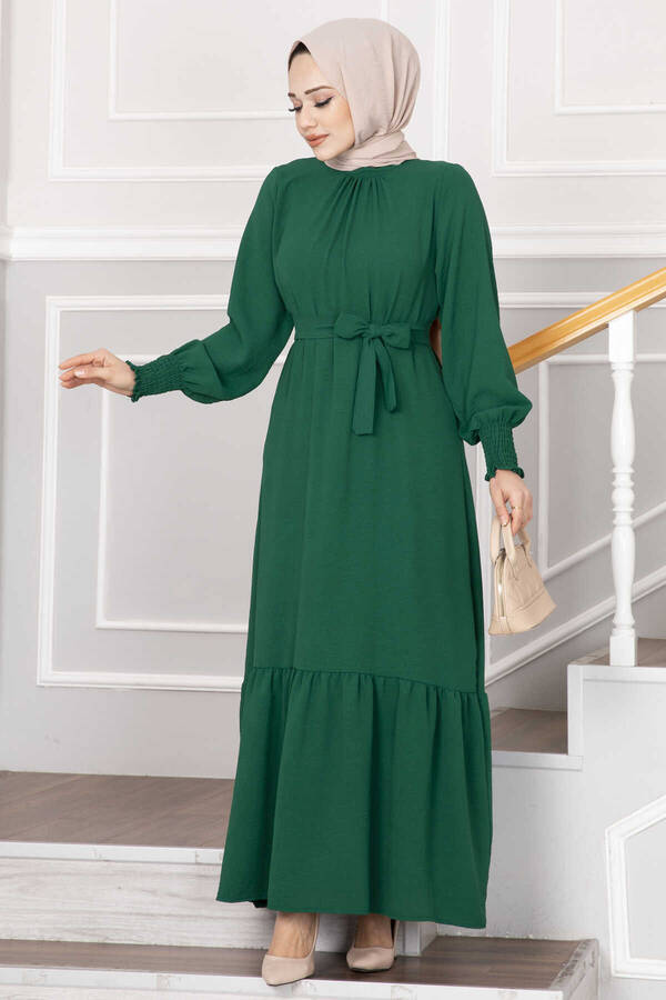 Kolu Büzgülü Tesettür Elbise Çağla Yeşili