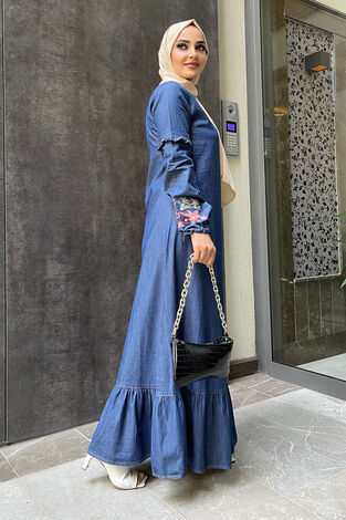 Kolu Çiçekli Kot Elbise 17628-1 - Thumbnail