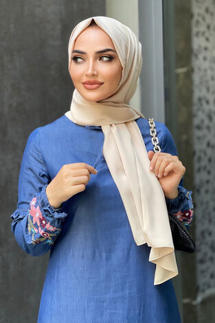 Kolu Çiçekli Kot Elbise 17628-1 - Thumbnail