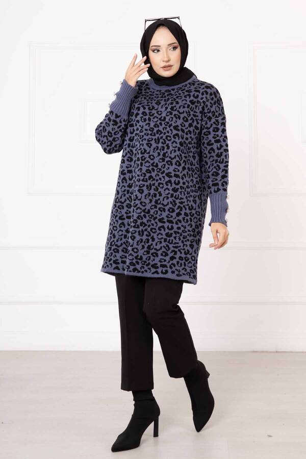 Kolu Düğme Detaylı Leopar Tunik İndigo