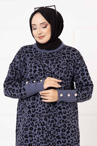 Kolu Düğme Detaylı Leopar Tunik İndigo - Thumbnail